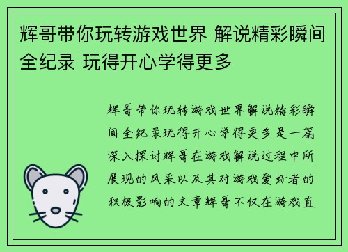 辉哥带你玩转游戏世界 解说精彩瞬间全纪录 玩得开心学得更多